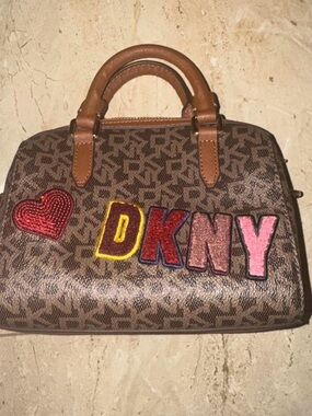 DKNY Brown Monogram Crossbody with Multicolor DKNY Letter Patches